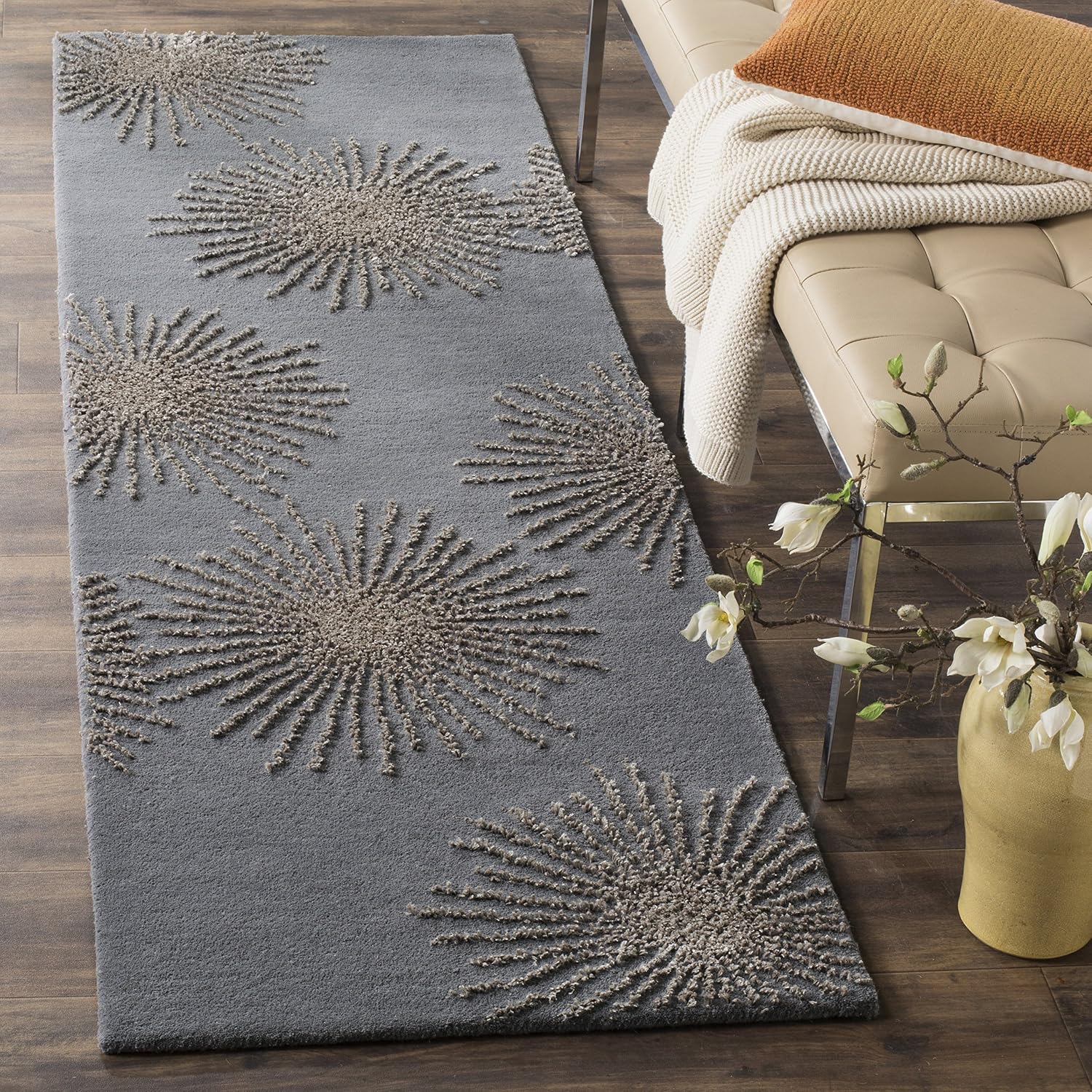 Dark Grey Silver Wool Runner Rug